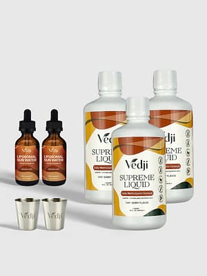 This bundle contains 3 bottles of Supreme Liquid Multivitamin, 2 Vegan Vitamin D and 2 Liquid Measuring Cups. Vedji supplements are drinkable vitamins that are vegan-friendly supplements that help maintain or improve overall health.