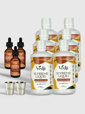 This bundle contains 6 bottles of Supreme Liquid Multivitamin, 3 Vegan Vitamin D and 2 Liquid Measuring Cups. Vedji supplements are drinkable vitamins that are vegan-friendly supplements that help maintain or improve overall health.