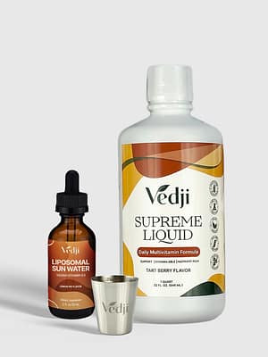 This bundle contains 1 bottle of Supreme Liquid Multivitamin, 1 Vegan Vitamin D & a Liquid Measuring Cup. Vedji supplements are drinkable vitamins that are vegan-friendly supplements that help maintain or improve overall health.